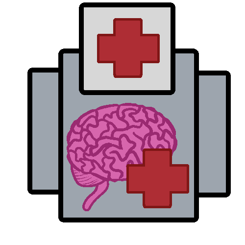 A brain with a red medical symbol next to it in a large building composed of rectangles, with a large sign above it with another red medical symbol.